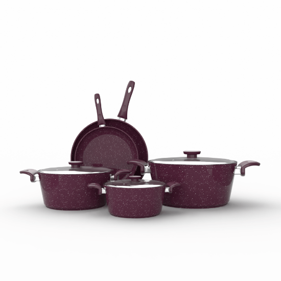 TopChef Granite Cookware Set - 8 pcs  -  With Glass Cover  - Burghndy